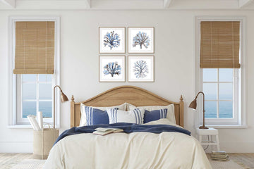 Seaweed Square Wall Art, Blue Coral Coastal, Wall Art Set of 4 Prints, Navy Minimalist Watercolor Painting Beach House Spring Summer Art